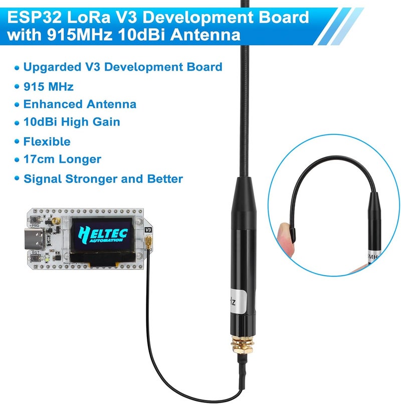 MakerHawk ESP32 LoRa V3 Development Board with 915MHz Antenna - SX1262 LoRa V3 Device and 10dBi Gain 17cm SMA Male Long Range Soft Whip Antenna Set for Meshtastic Arduino LoRawan IOT (Antenna：840-930MHz) - Image 3